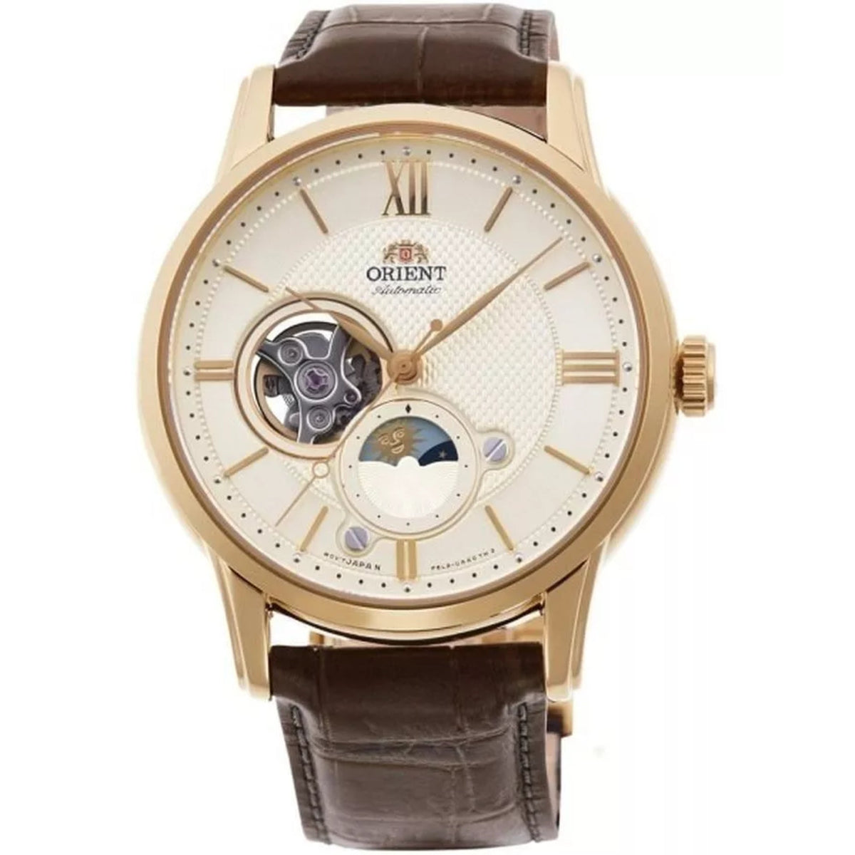 Men's Orient automatic watch with white sun-and-moon dial and brown leather strap