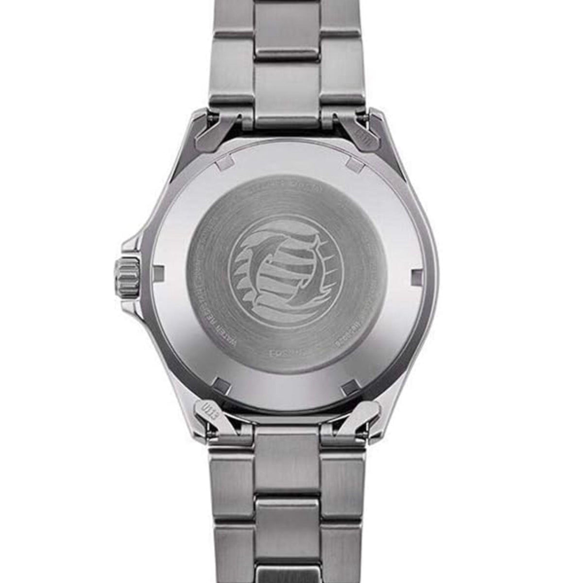 Men's steel automatic wrist watch caseback showing engraved emblem and bezel details