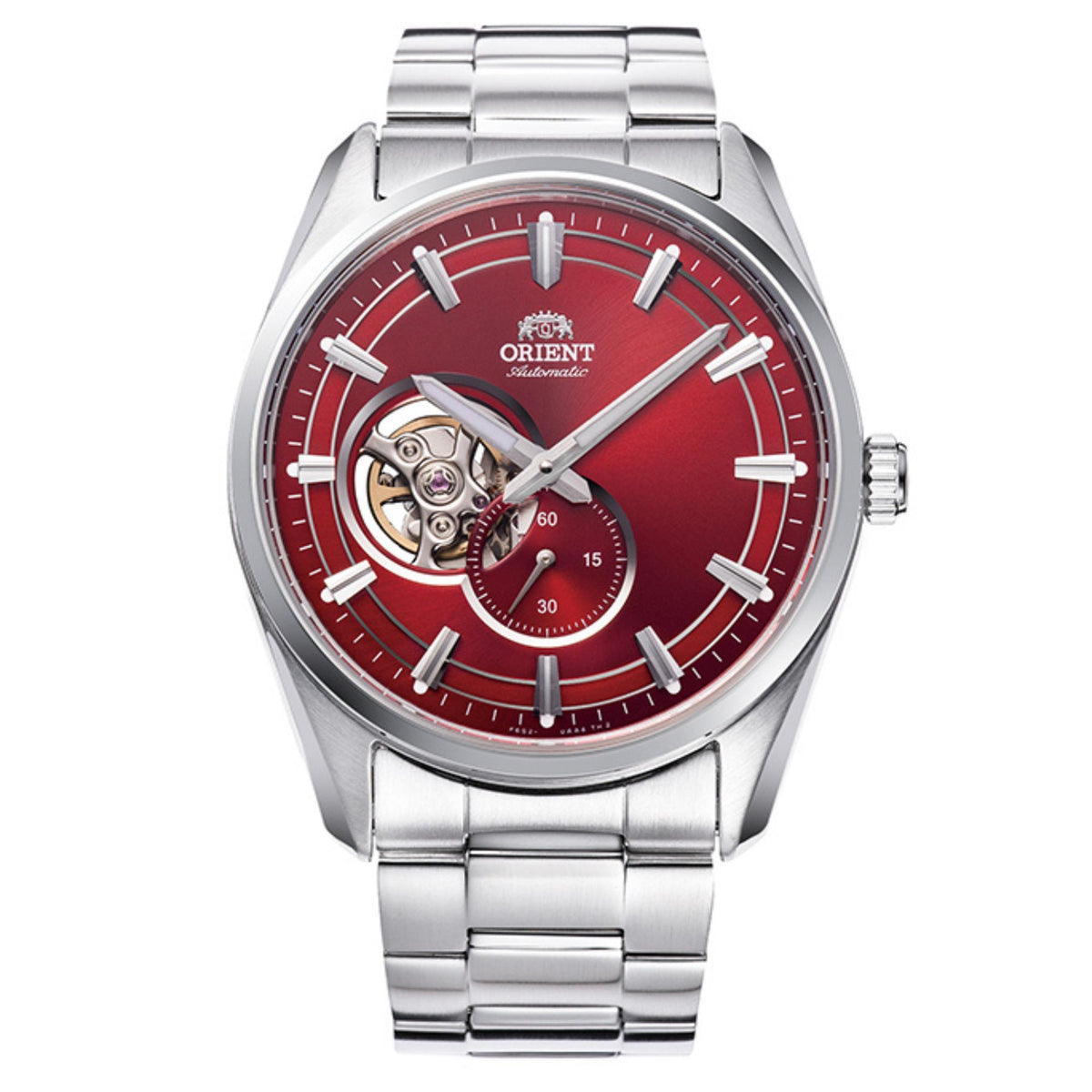 Men's Orient semi-skeleton automatic watch with red dial, skeleton hands, steel strap