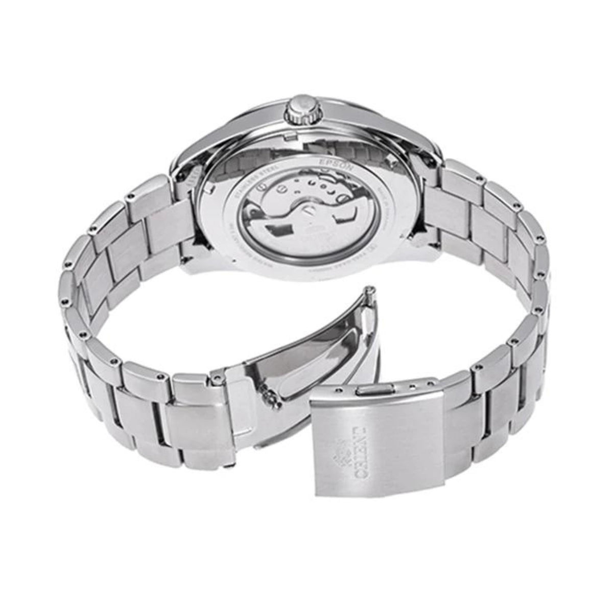 Men's Orient automatic watch rear view with steel bracelet and clasp detail