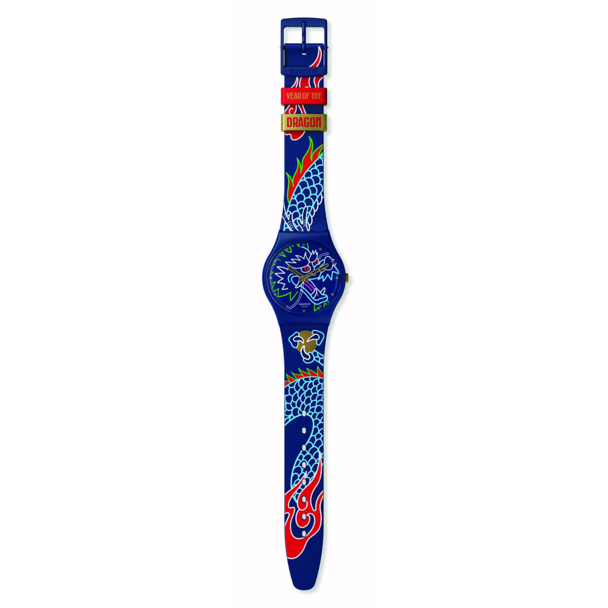 Blue silicone watch strap with dragon illustration and clasp