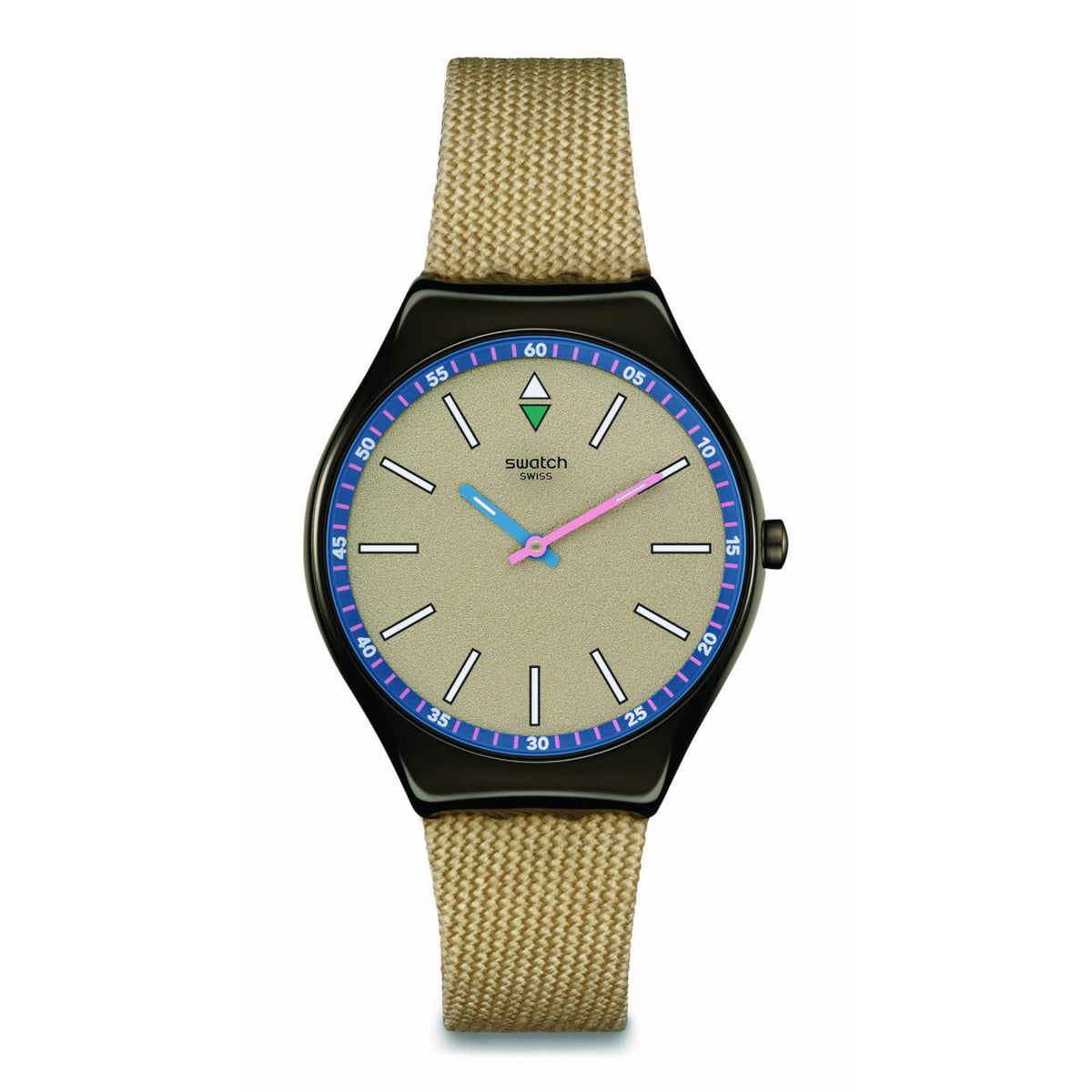 Beige quartz watch with beige dial, black bezel, blue markers, pink second hand