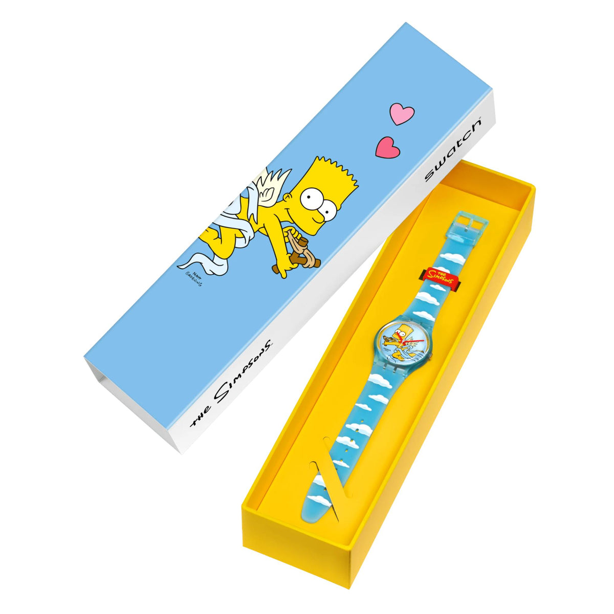 Swatch Simpsons watch packaging box displaying blue cloud-pattern band
