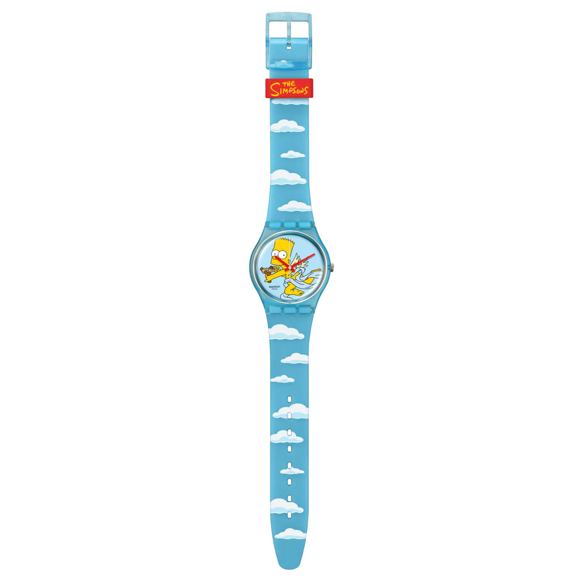 Blue silicone wristwatch with cloud-pattern strap and Bart Simpson dial, clasp shown