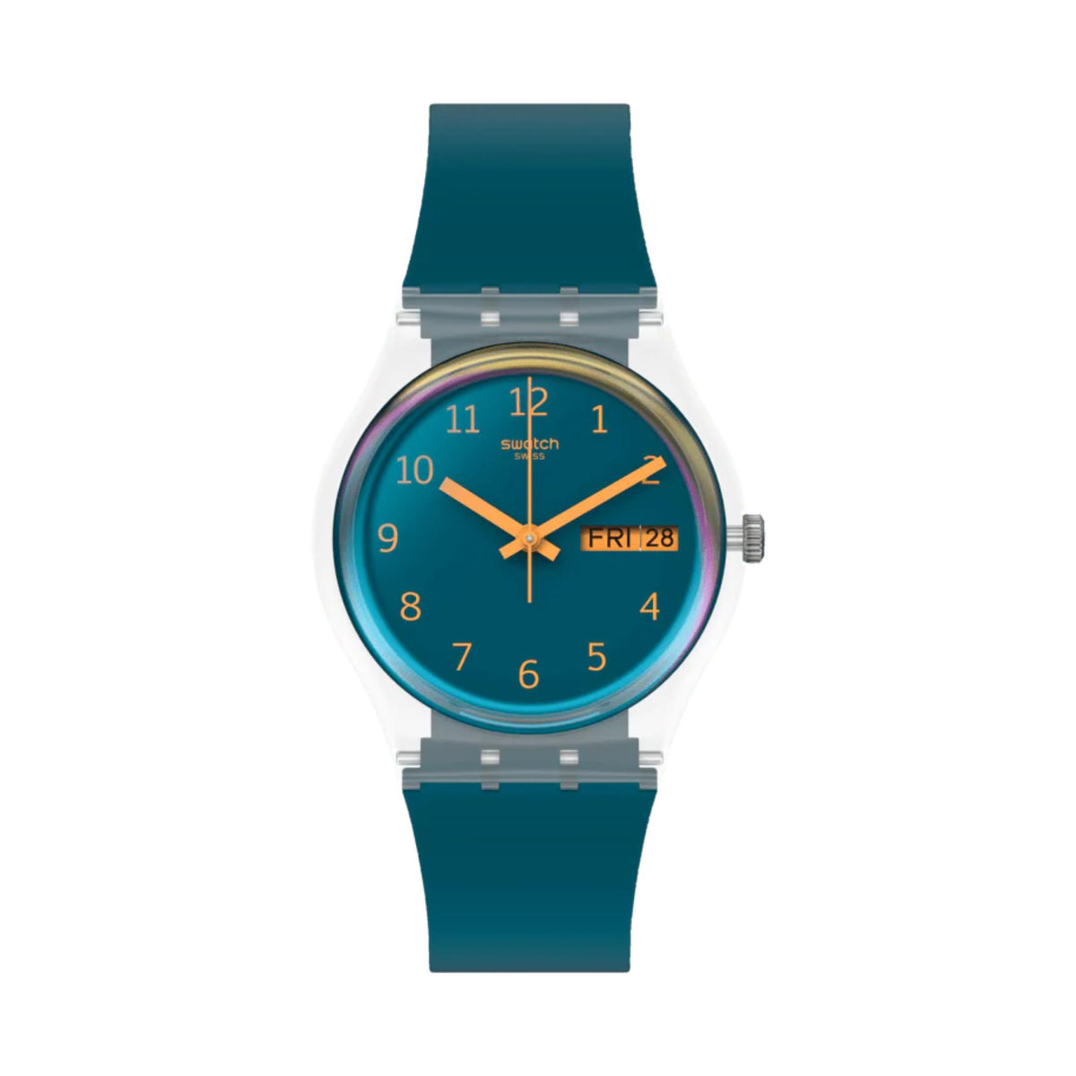 Swatch bio-sourced quartz watch, teal rubber strap, blue dial, orange hands, Fri 28 date