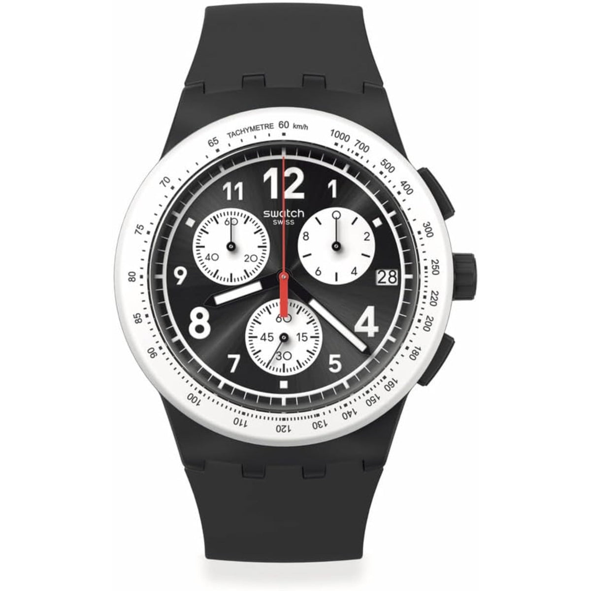 Swatch quartz watch front view, black silicone strap, black dial with red second hand and subdials