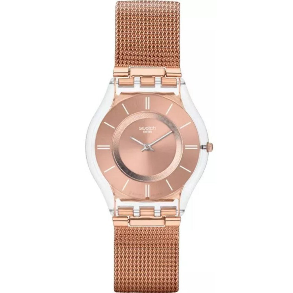 Rose gold-toned Swatch quartz ladies watch with pink dial and rose mesh bracelet