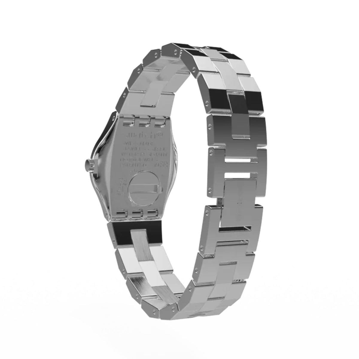 Stainless steel ladies watch back on linked bracelet, round case underside close-up