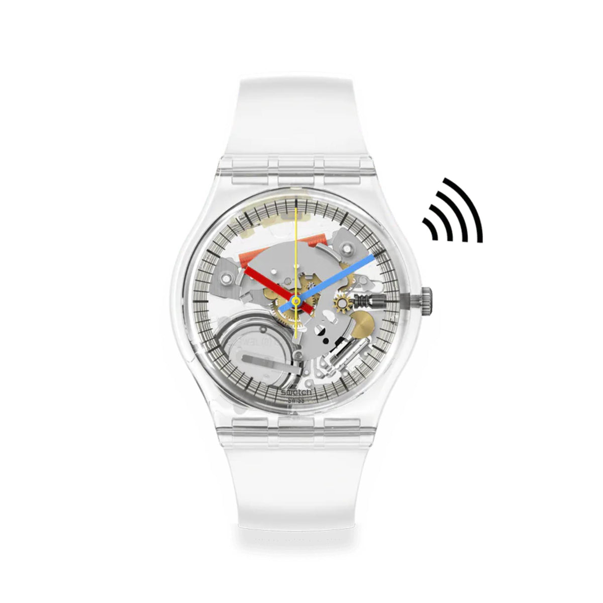 Quartz transparent dial silicone watch with multicolor skeleton hands and white strap
