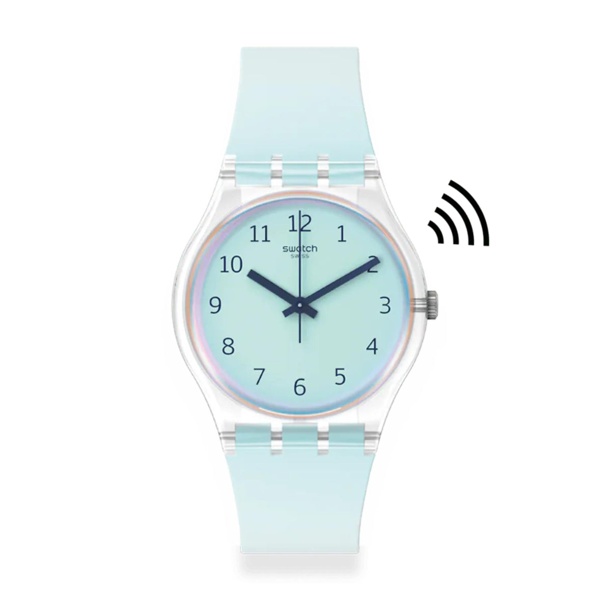 Light blue silicone strap watch front view with light dial, dark hands, and side crown