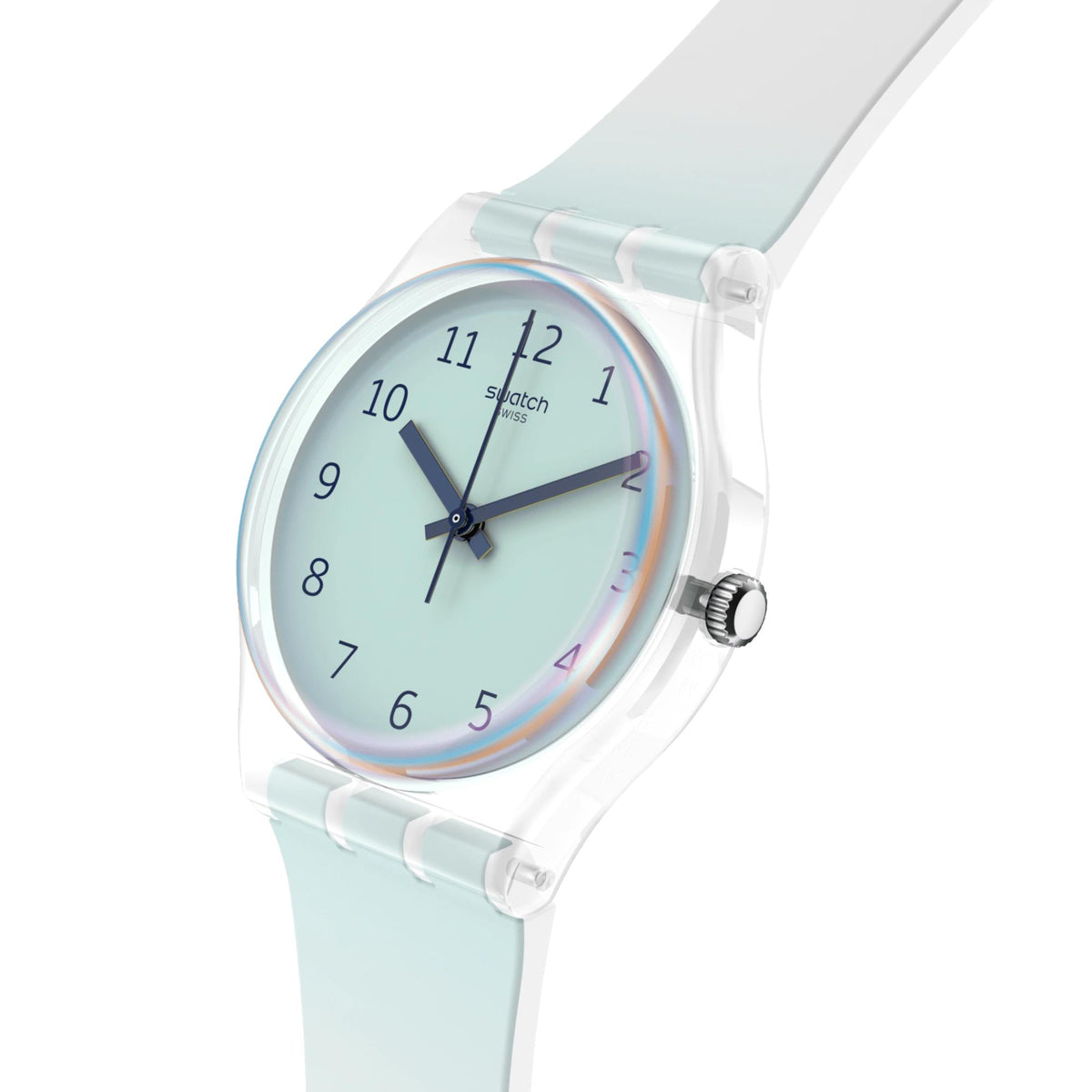 Angled close-up of light blue silicone watch, light dial with dark hands and right-side crown
