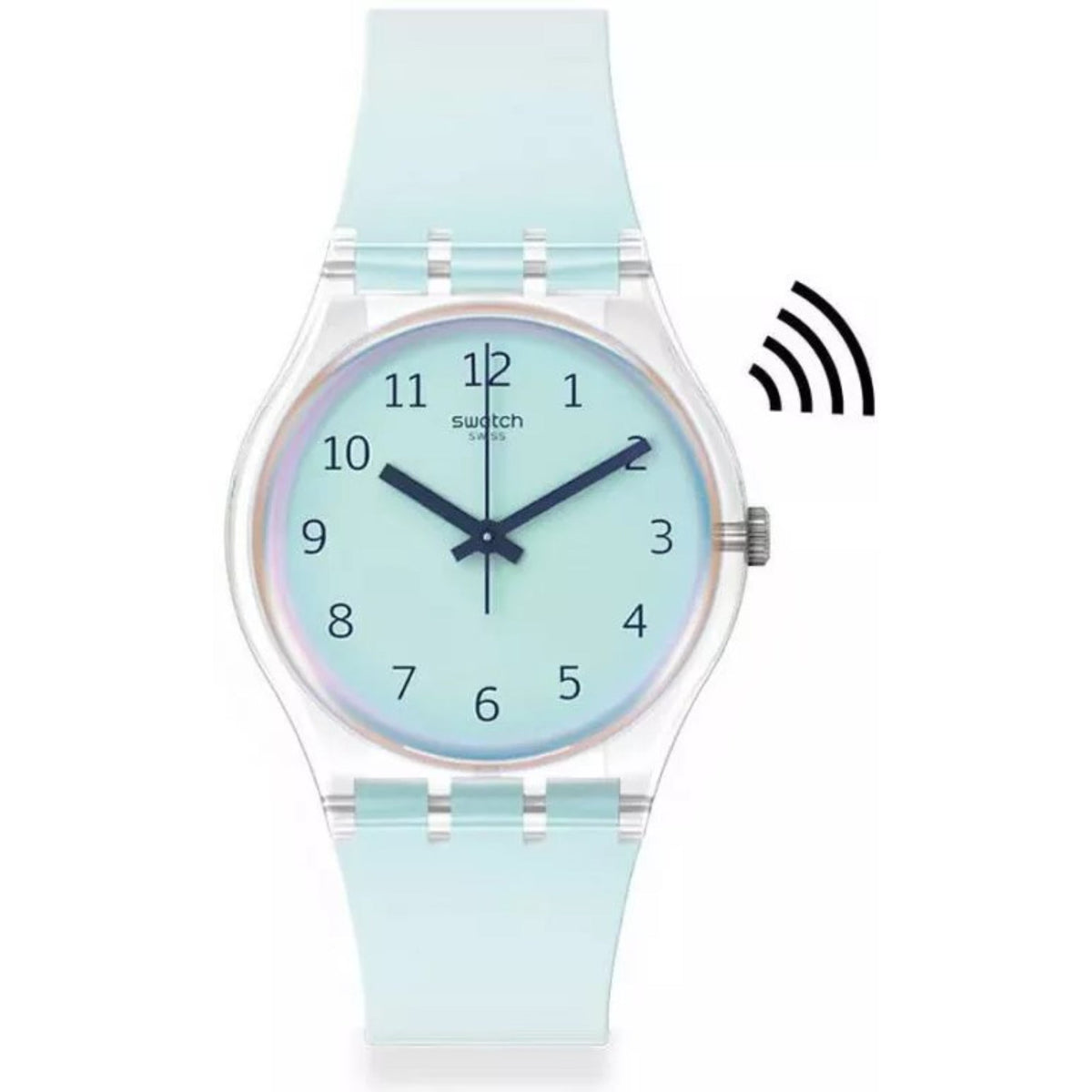 Light blue silicone strap quartz watch front view with light dial, dark hands, and numbered markers