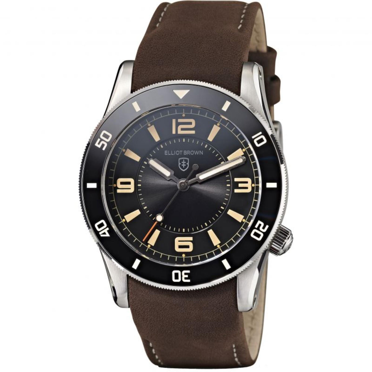 Elliot Brown men’s diver watch front view, dark dial with yellow markers, brown leather strap