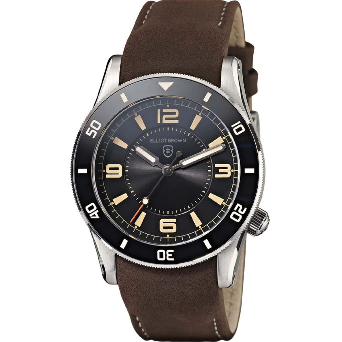 Elliot Brown men’s diver watch front, dark dial with gold markers, brown leather band