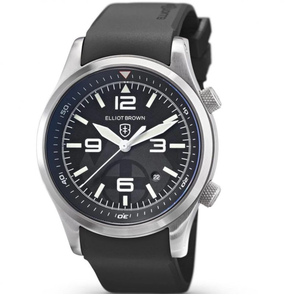 Round black dial men's watch with silver bezel, luminous markers, and black rubber band