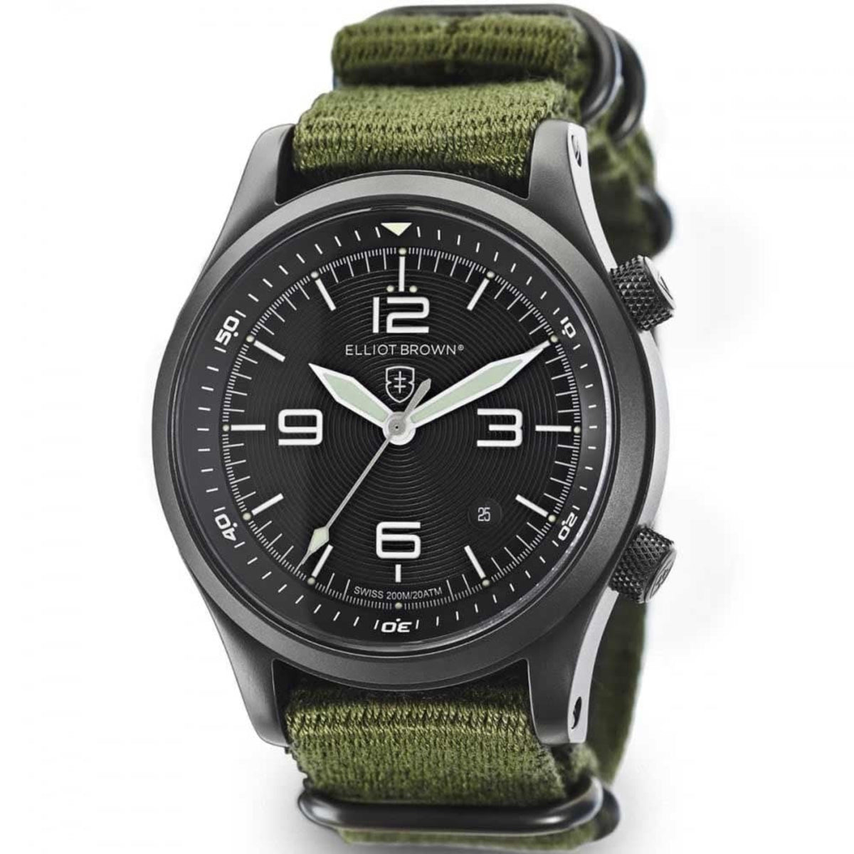 Round men’s watch with black dial, green fabric strap, black case with textured bezel
