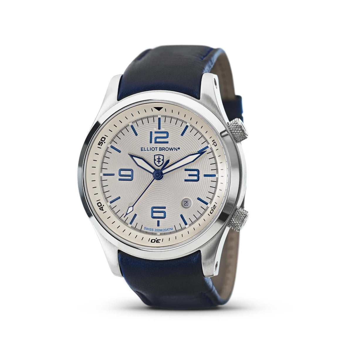 Men's leather strap watch with cream face, blue numerals, and small date window