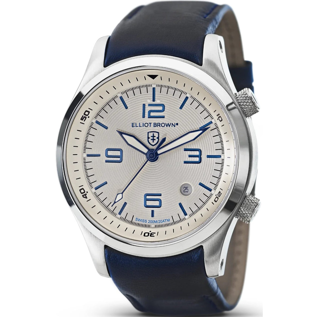 Men's leather strap watch close-up of cream dial with blue numerals and hands