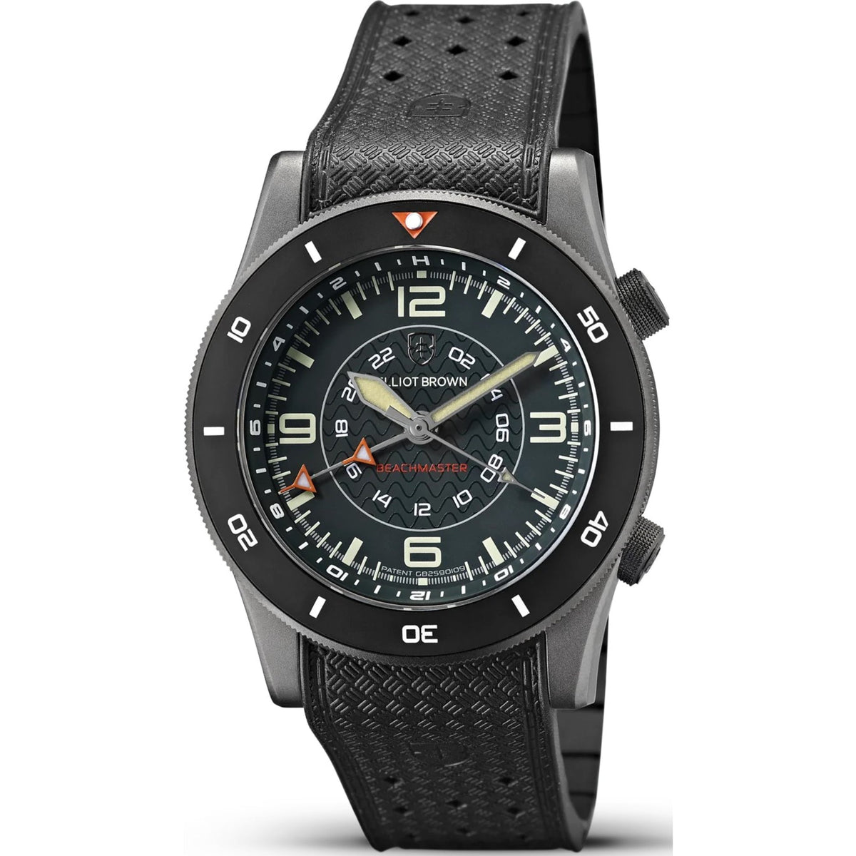 Round-faced watch with black leather strap, dark dial, and stainless steel case