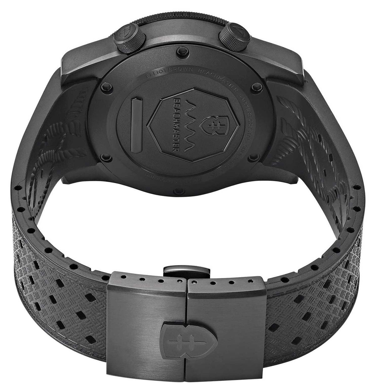 Black men’s wristwatch back view with rubber strap and brushed metal buckle