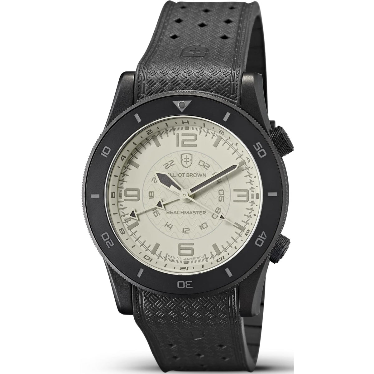 Men’s cream-faced watch with black rubber strap, dark bezel, and luminous markers