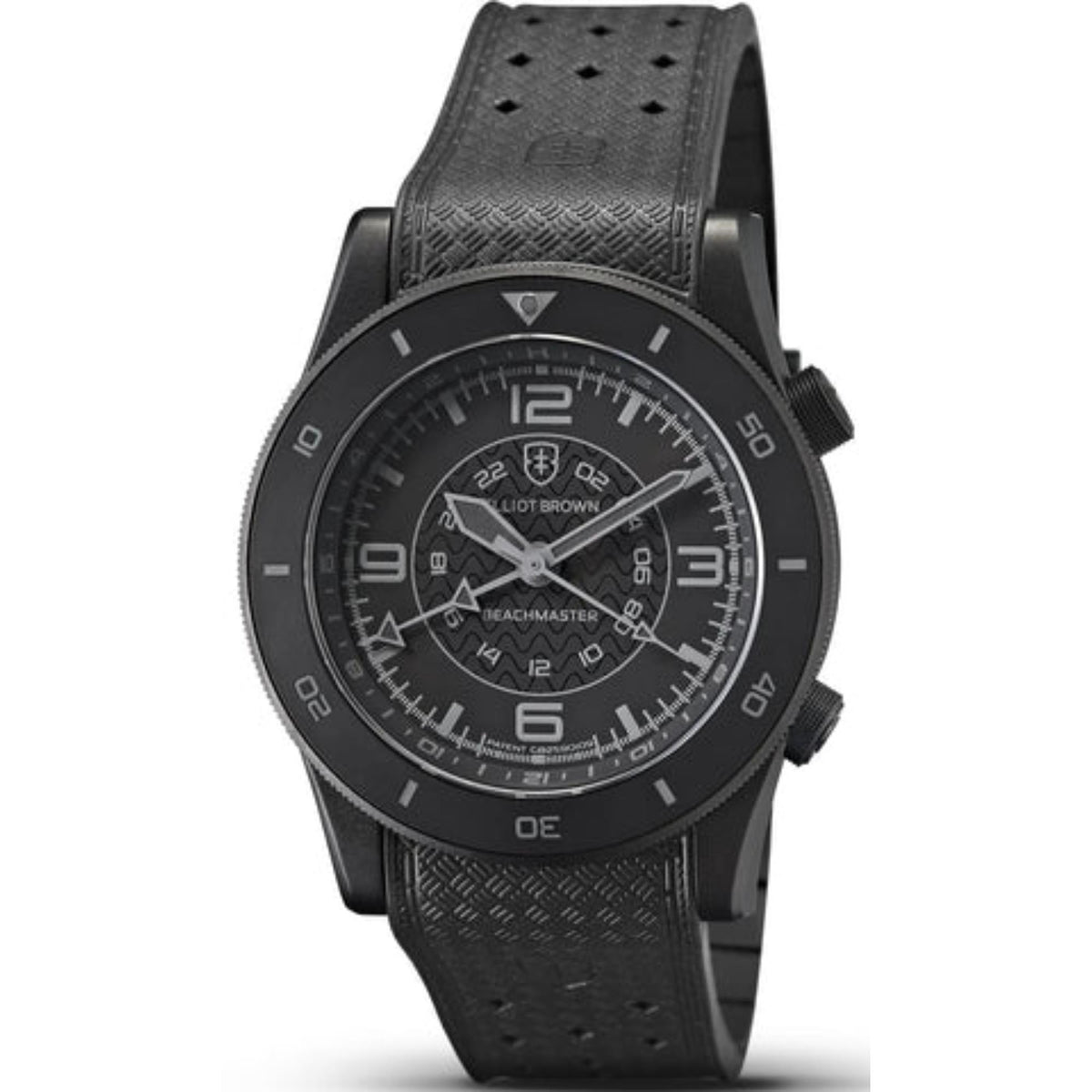 Men's black rubber strap wristwatch with textured strap and analog black dial