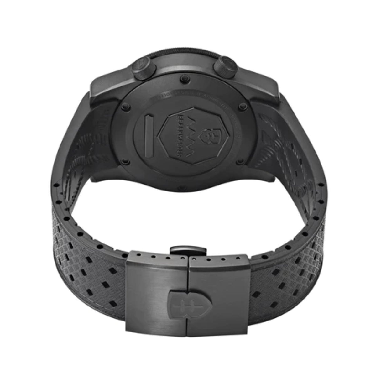 Men's black rubber strap wristwatch back view with metal clasp and screw lugs