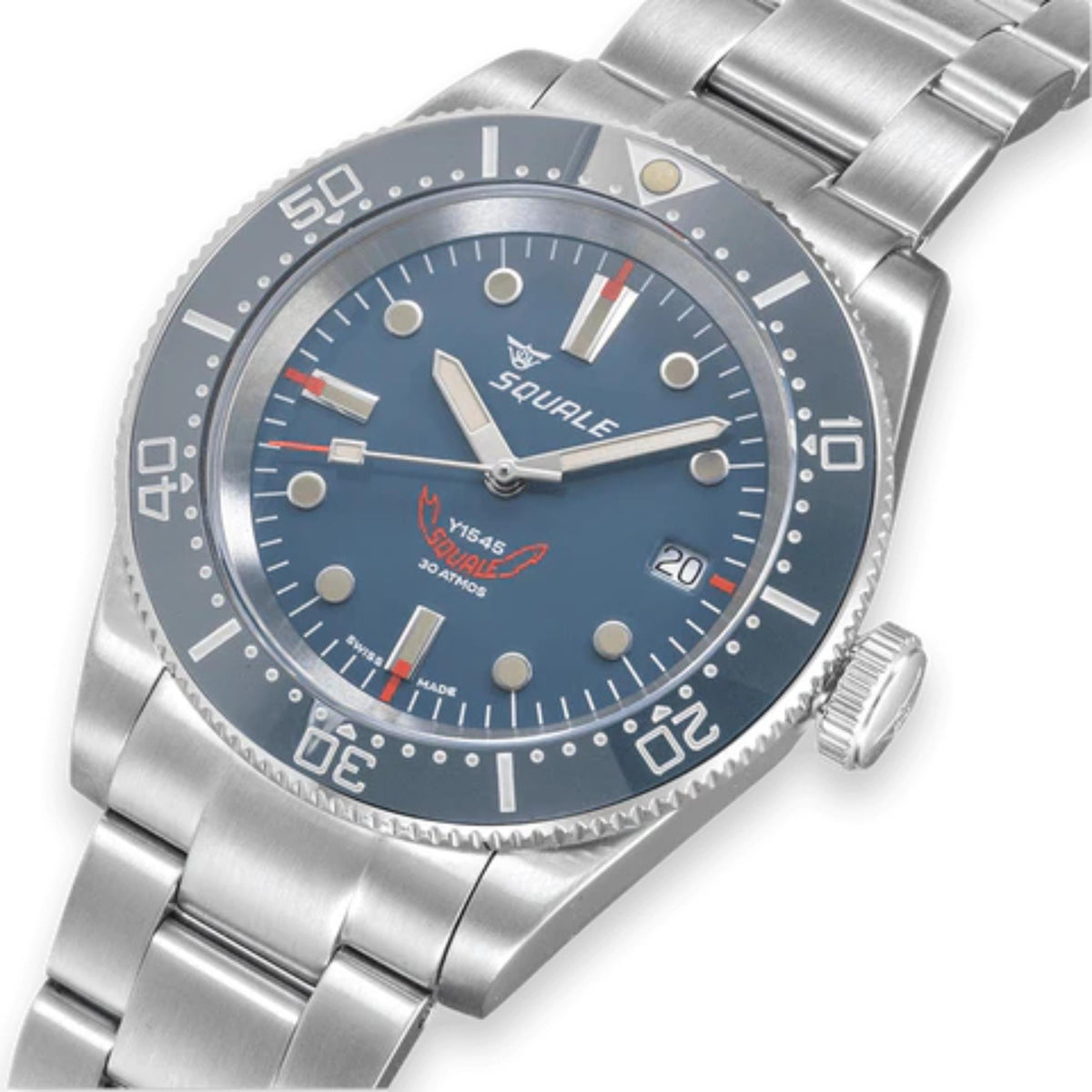 Men's steel wristwatch close-up: blue dial with indices and hands on steel bezel