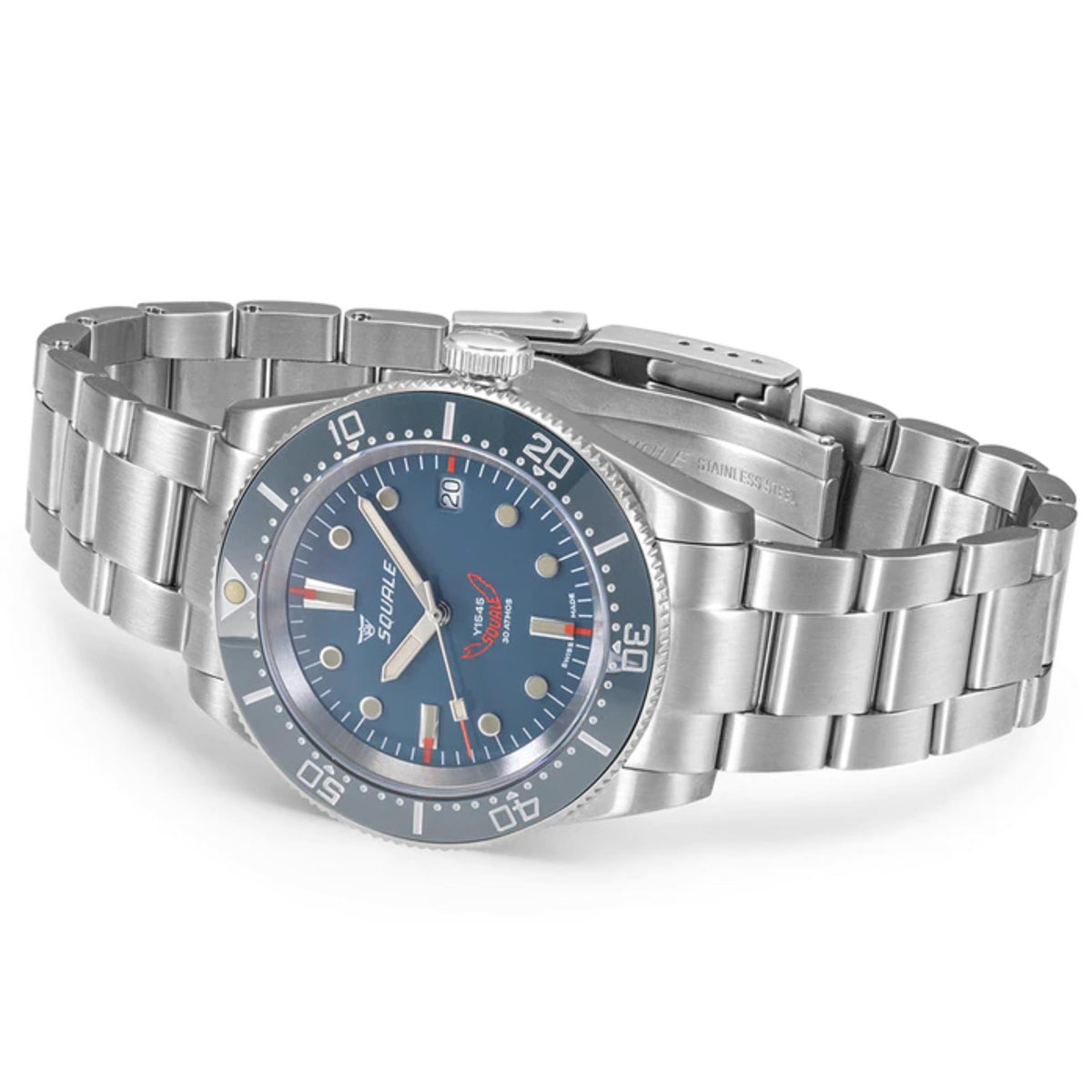 Men's steel wristwatch with blue dial and metal bracelet, angled top view