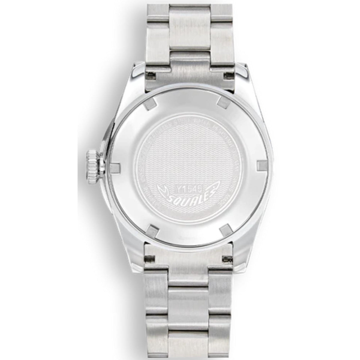 Men's steel wristwatch caseback close-up with engraved seal and bracelet links