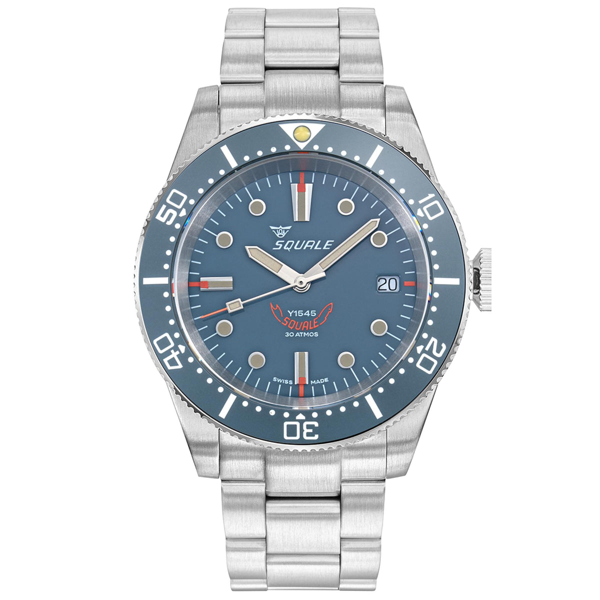 Men's steel wristwatch with blue dial, bezel markings, and linked metal bracelet