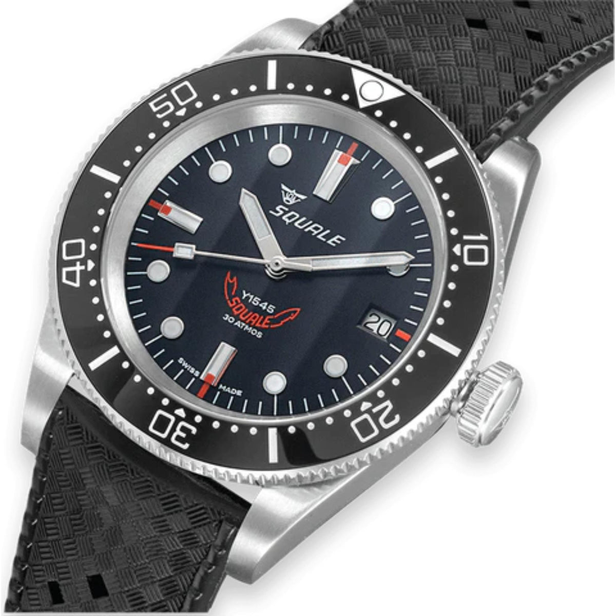 Close-up men's black dial watch with bezel markings and black textured rubber strap