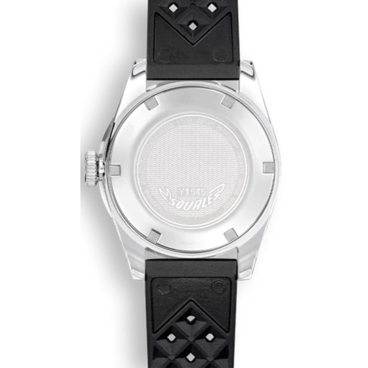 Men's watch caseback view with silver case back and black rubber strap