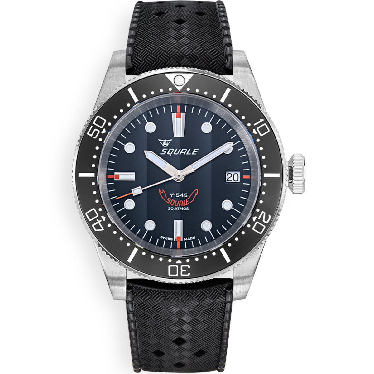 Men's black dial watch with silver case, black rubber strap, and baton markers