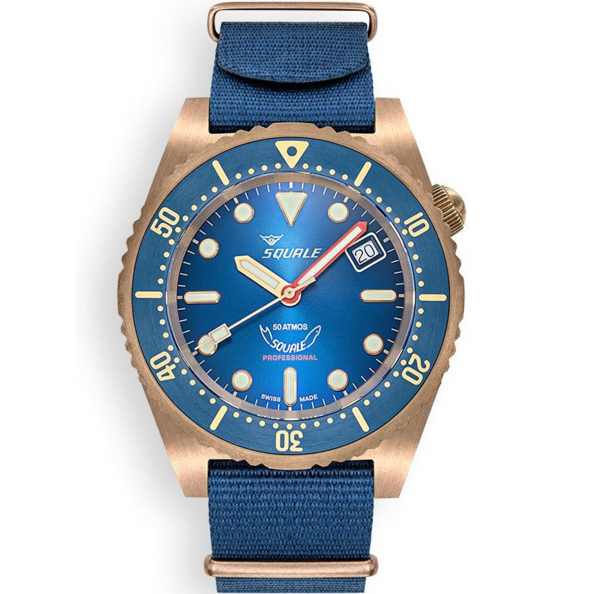 Men's bronze diver watch with blue dial and blue fabric strap, centered front