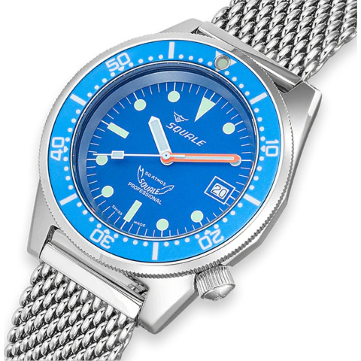 Men's automatic dive watch close-up, blue dial with minute markers and silver case