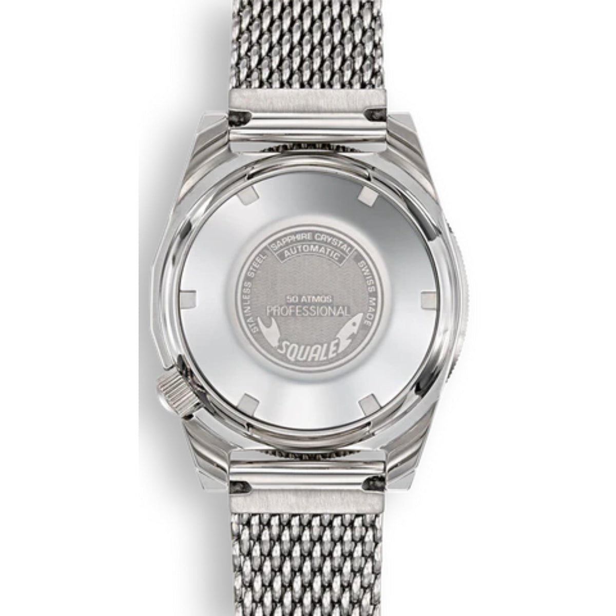 Men's automatic watch case back with engraved logo, silver mesh strap