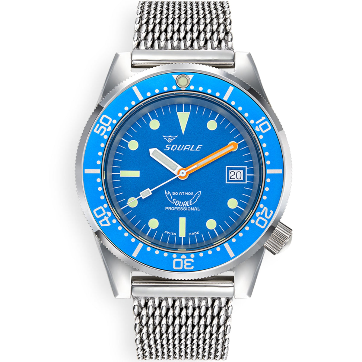 Men's automatic dive watch with blue dial, orange hand accents, silver mesh bracelet