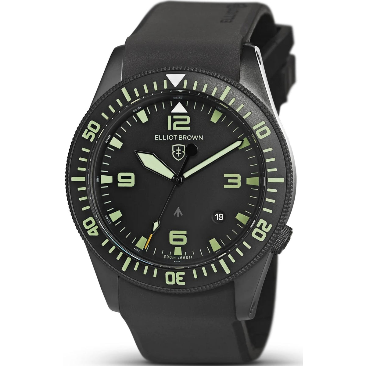 Front view of black men’s rubber strap watch with black dial, green hands and markers