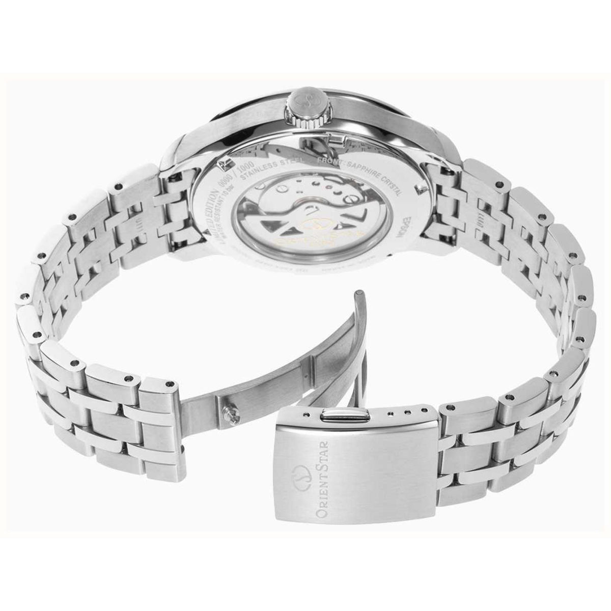 Silver steel automatic skeleton-style wristwatch with bracelet and case back