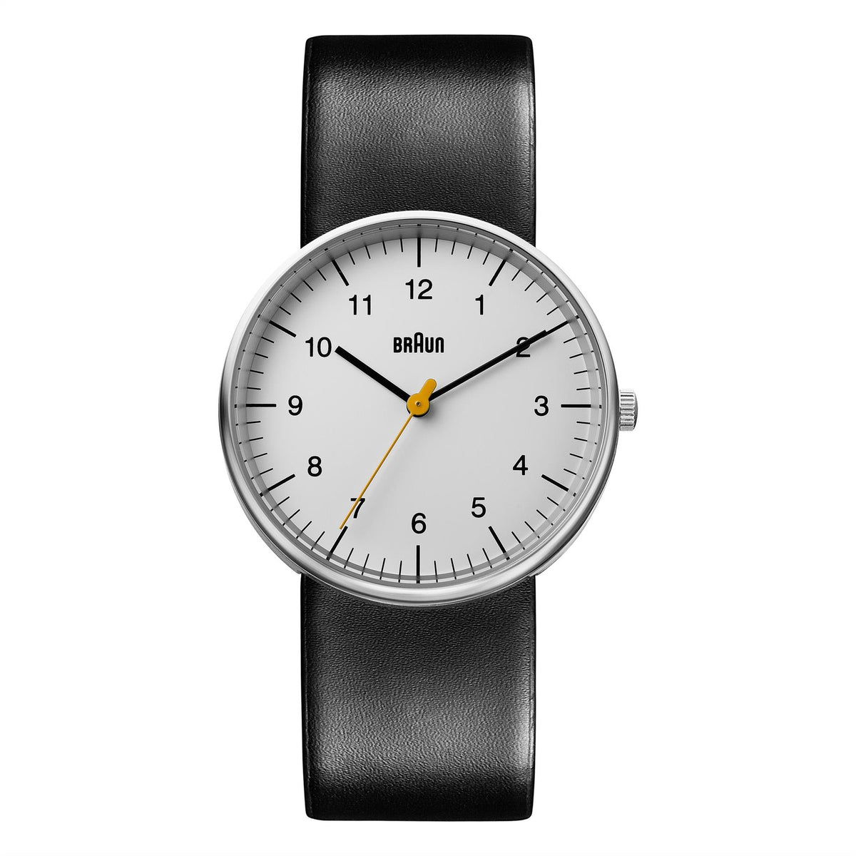 Men's watch with white dial set in silver-tone case and black leather strap.