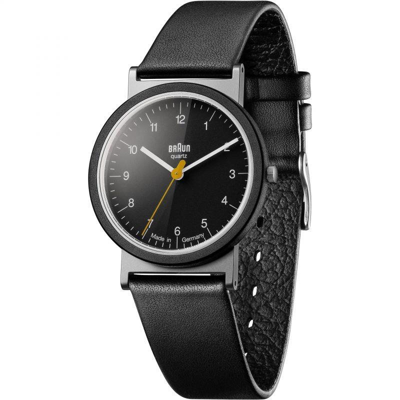 Men's black quartz watch side view, black dial, yellow second hand, leather strap