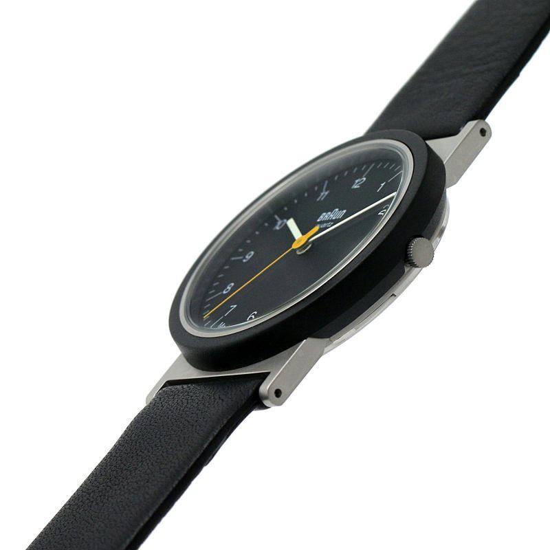 Black quartz men’s watch with oval black dial, yellow seconds hand, black leather strap