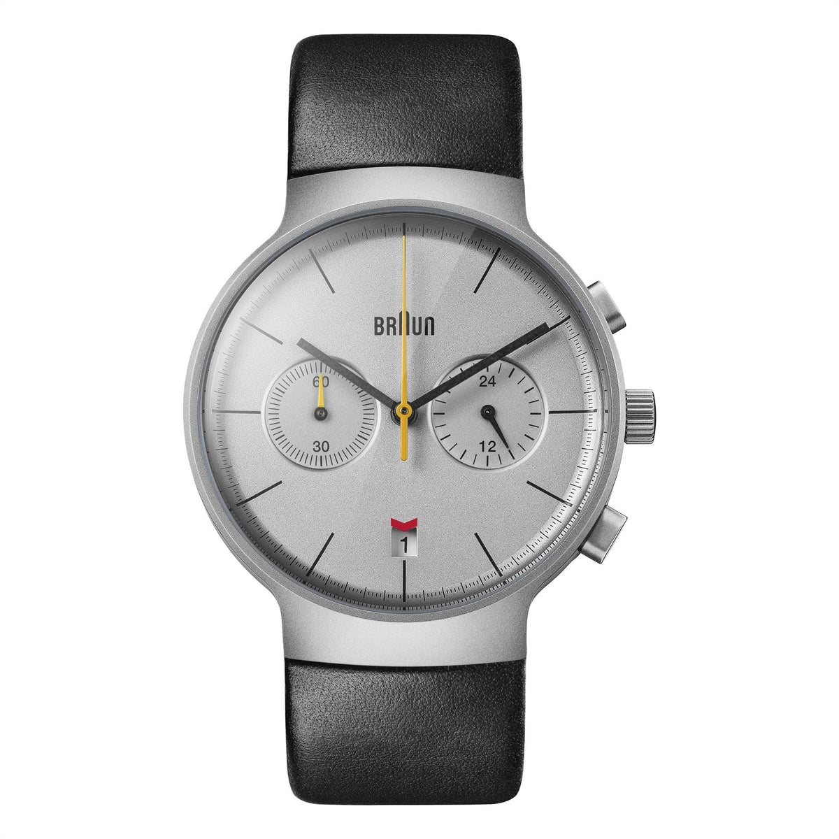 Men’s analog watch with silver case, black leather strap, silver dial and red date marker