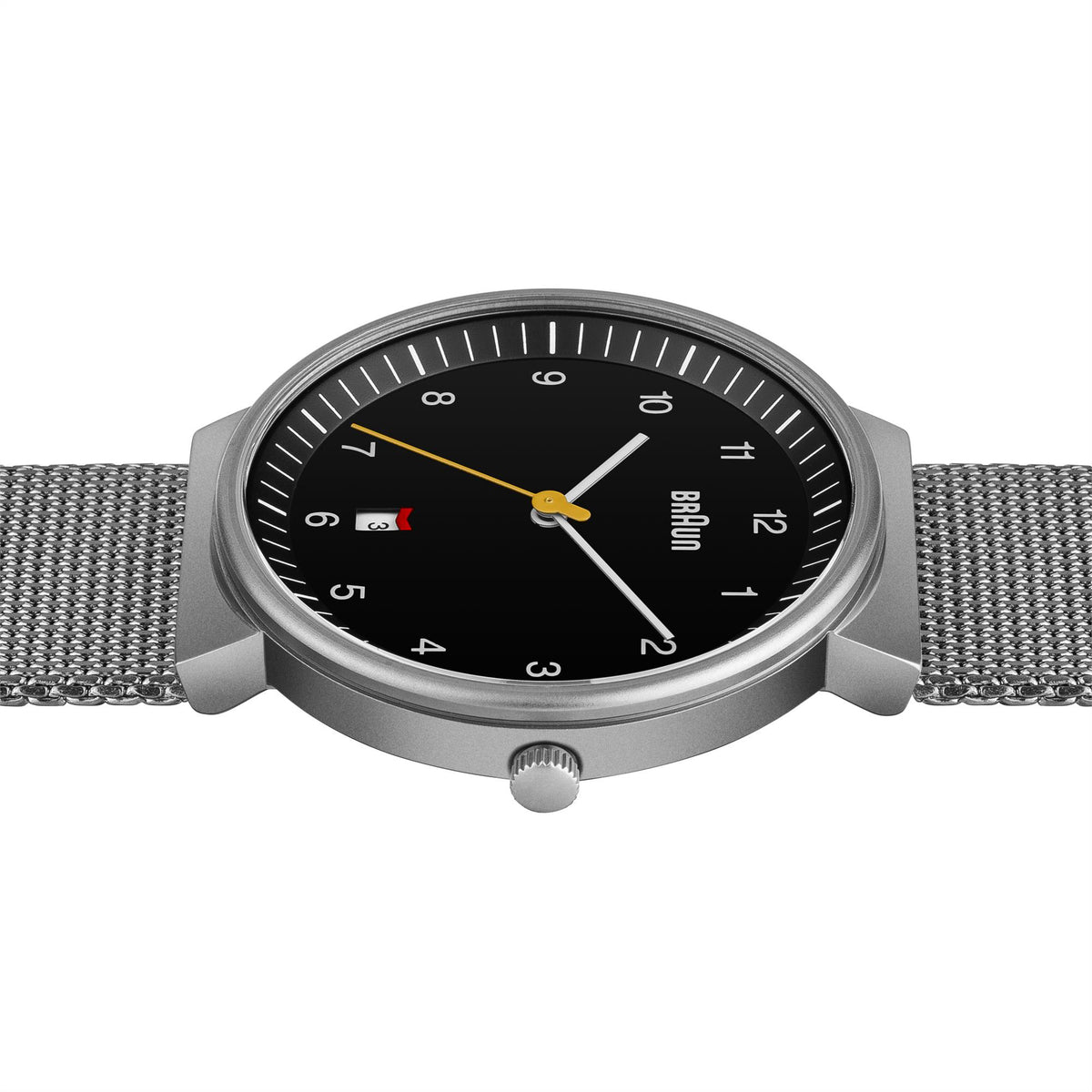 Braun men's wrist watch angled view with black dial, gold hands, and steel mesh bracelet