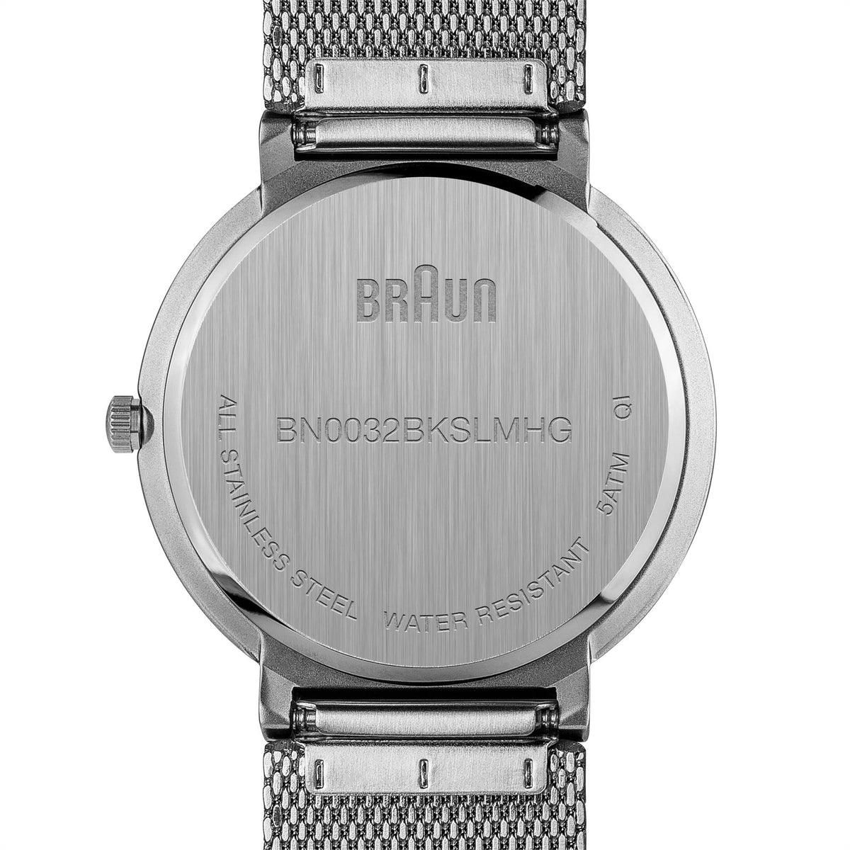 Braun men's watch back engraved BN0032BKSLMHG, stainless steel, steel mesh strap