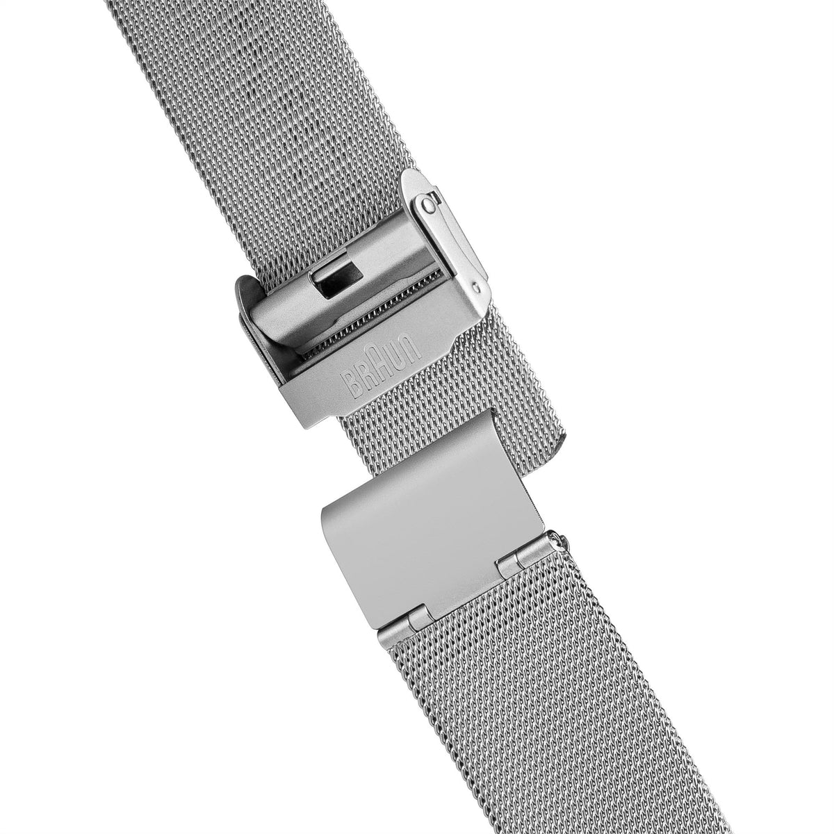 Braun men's quartz watch with black dial, steel mesh strap and rectangular case, clasp detail