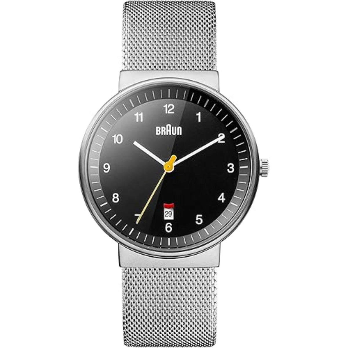 Braun men's wrist watch with black dial, red date at 6, and steel mesh bracelet