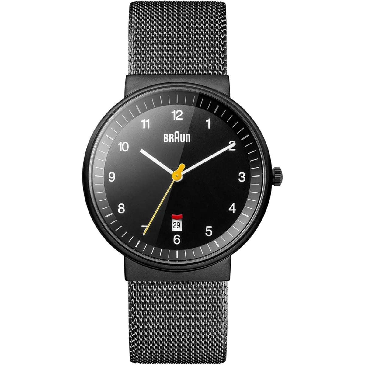 Men's Braun wristwatch front view with black dial, yellow hands, and mesh black strap