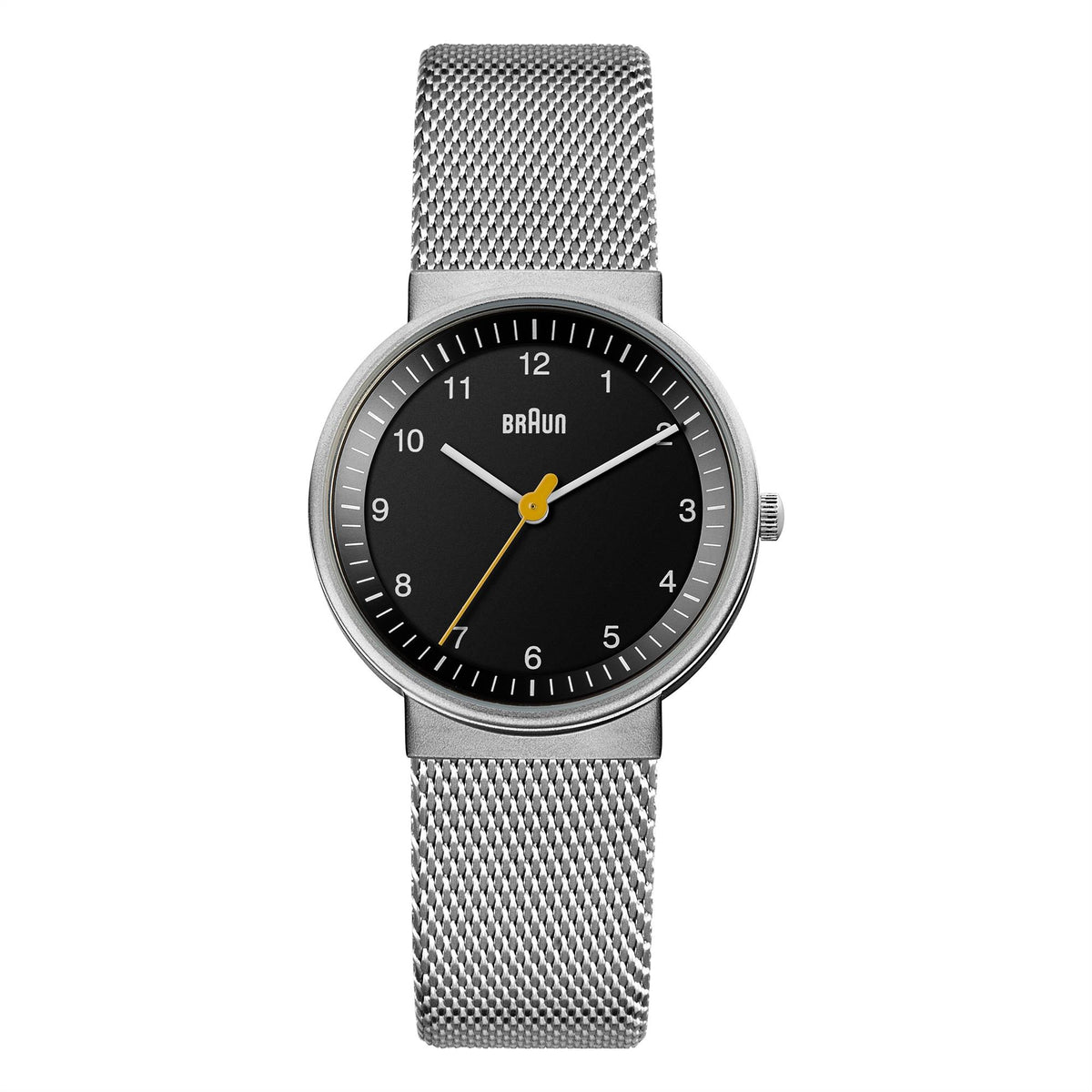 Ladies quartz watch frontal view: black dial, yellow accents, silver mesh strap